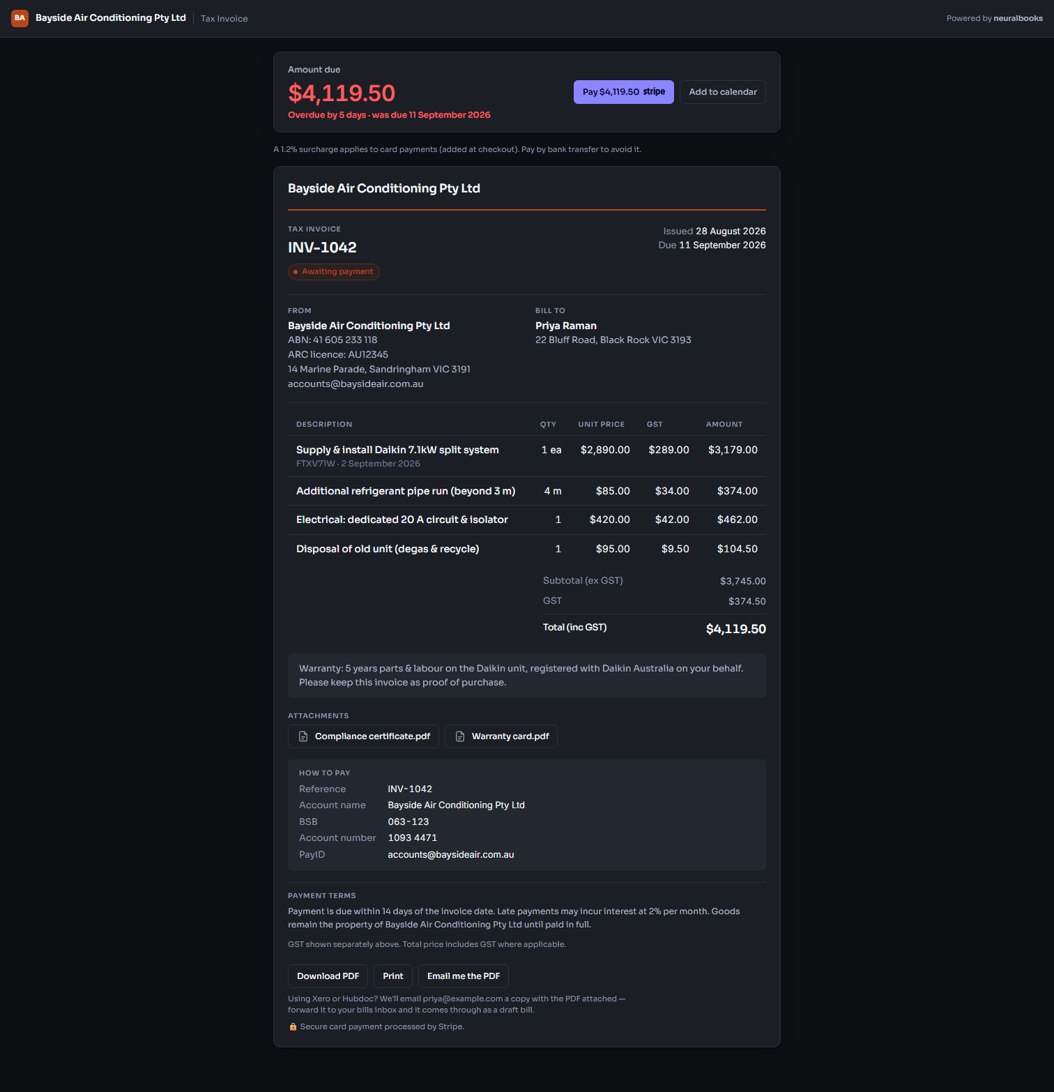 The invoice a customer opens from their link: amount due, a Pay button and the business's own branding.