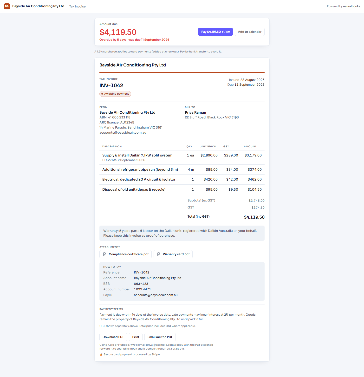 The invoice a customer opens from their link: amount due, a Pay button and the business's own branding.